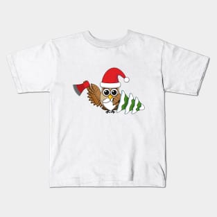 Christmas Owl with Axe and Snowy Pine Tree Kids T-Shirt